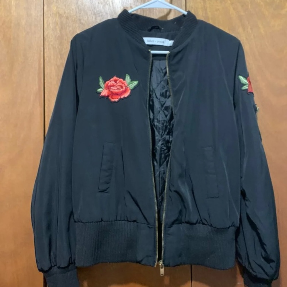 Rose Embroidered Bomber Jacket Size M